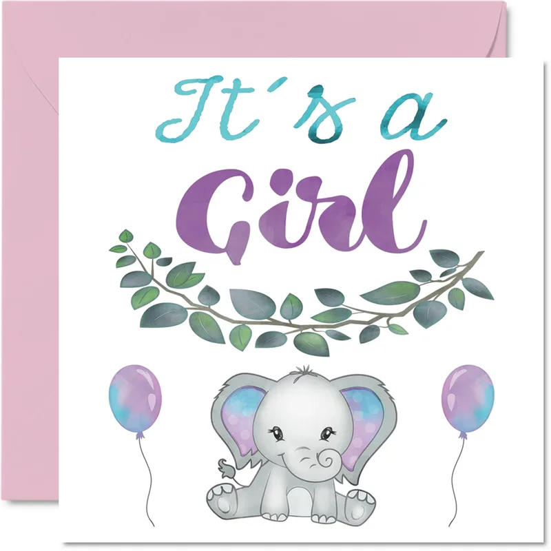 Elephant Balloons Eucalyptus New Baby Card Celebrates a Newborn Girl
