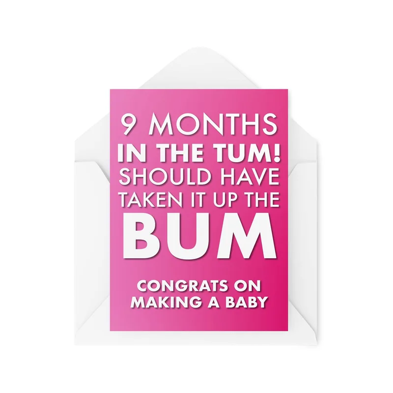 Pink Bold Typography Pregnancy Card: 9 Months in the Tum Joke