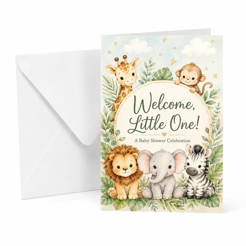 Jungle Animals Baby Shower Card featuring watercolor giraffes