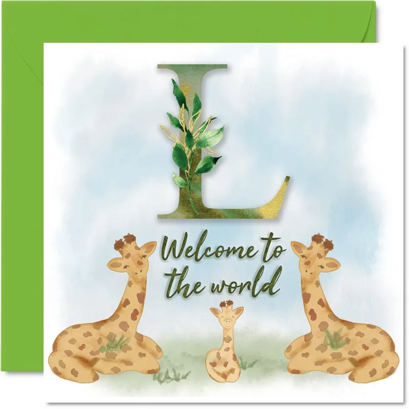 Family Letter L New Baby Card: Giraffe Family Design