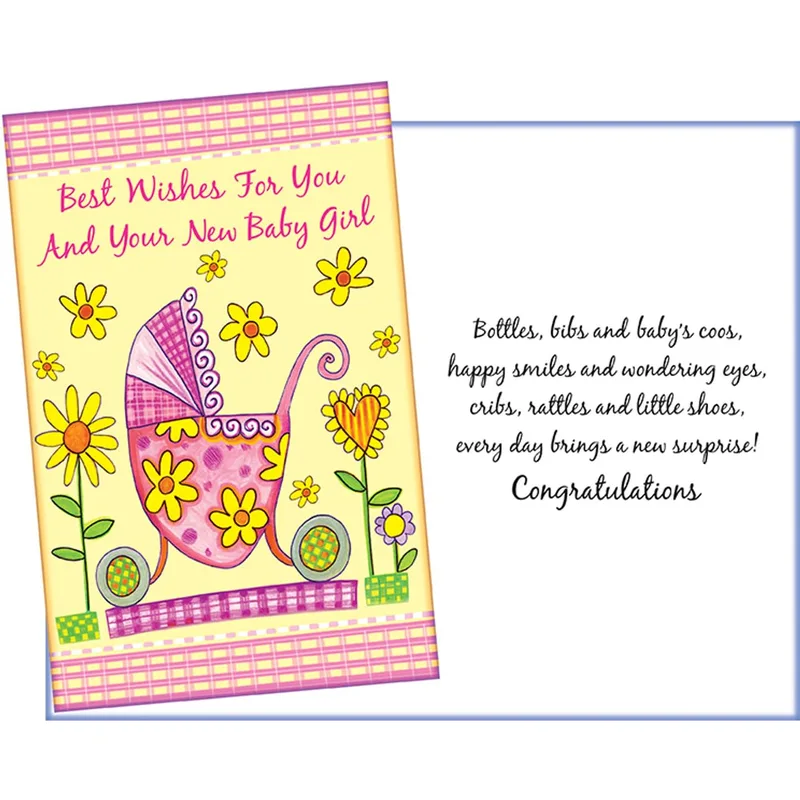 Stroller Yellow Flowers New Baby Card for a Newborn Girl