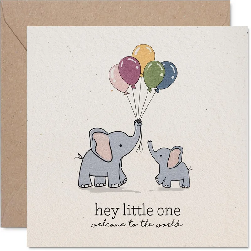 Elephants Colorful Balloons New Baby Card features two