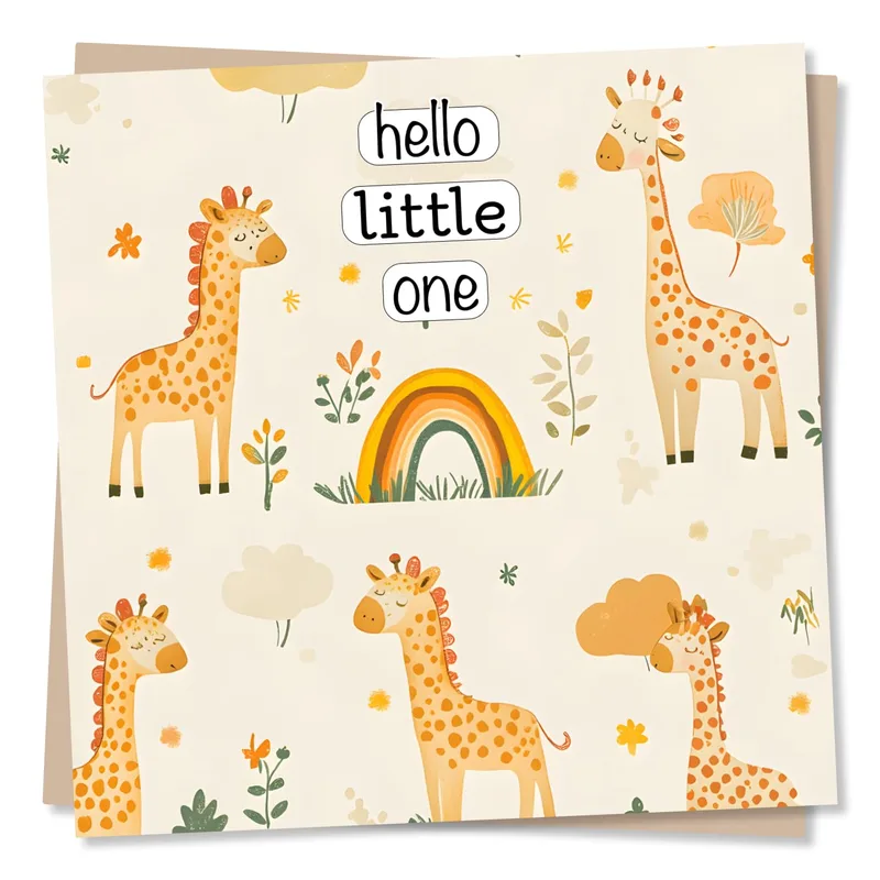Giraffes Rainbows Cream New Baby Card features spotted