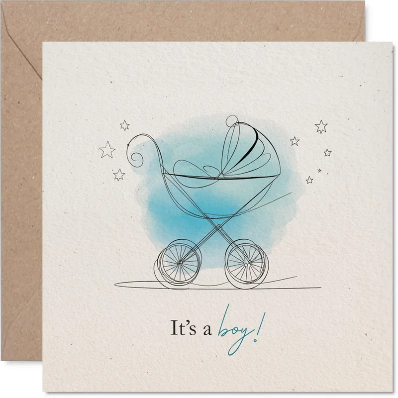 Blue Stroller Sketch New Baby Card Celebrates a New Little Boy