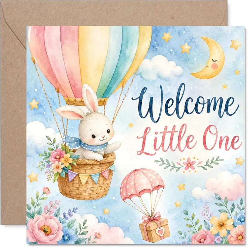Bunny Hot Air Balloon Card: A Whimsical Welcome for New Parents