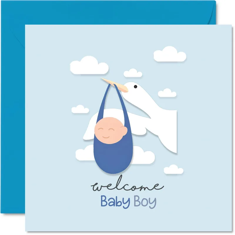 Stork Carrying Baby New Baby Card for a Little Guy