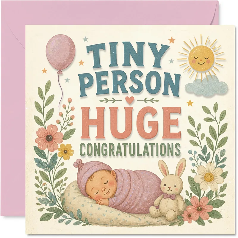 Baby Bunny Florals New Baby Card Tiny Person Huge Congratulations