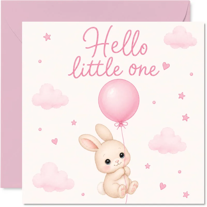 Pink Bunny Balloon New Baby Card Hello Little One Greeting