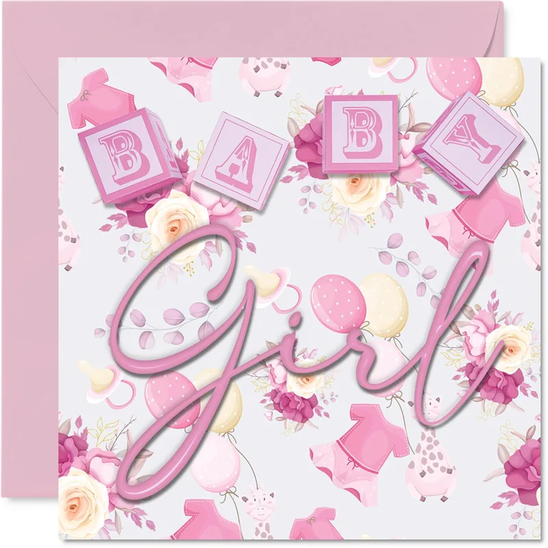 Floral Girl Script New Baby Card Celebrates a Little One