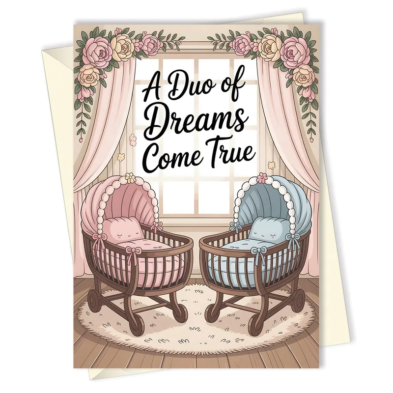 Bassinets Floral Curtains New Baby Card Celebrating Twin Dreams