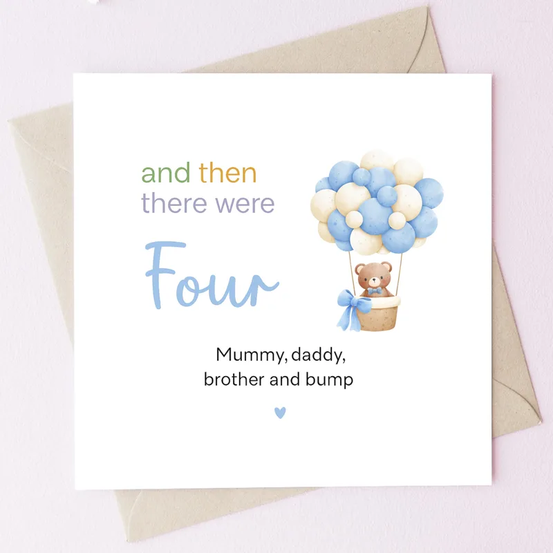 Balloons Teddy Bear Pregnancy Card Celebrates a Growing Family of Four