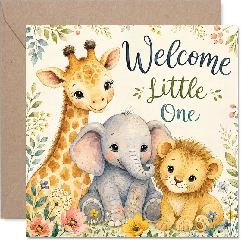 Elephant Lion Trio New Baby Card – Greeting Card in natural