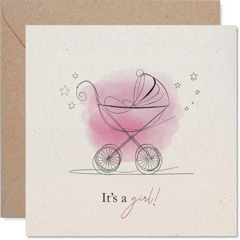 Pink Stroller Sketch New Baby Card Celebrates a Girl