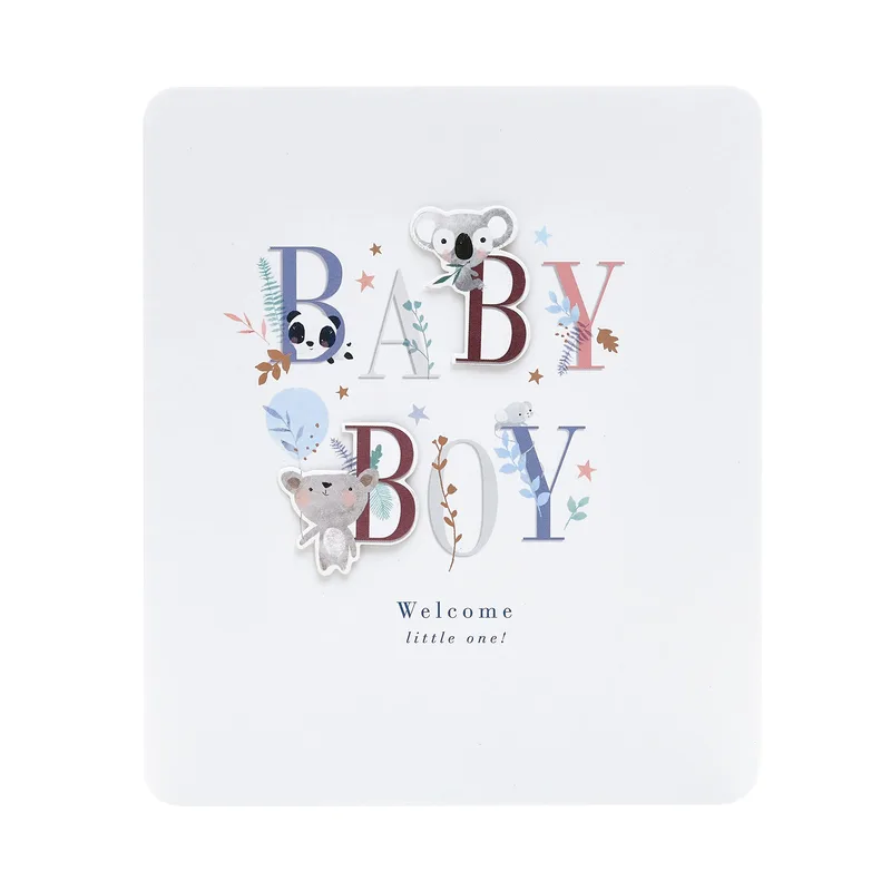 Koala Animal Letters New Baby Card – Colorful BABY BOY text with koalas and leaves – Greeting Card in natural