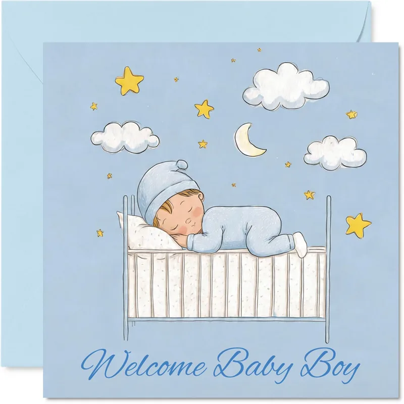 Baby Blue Crib New Baby Card featuring a sleeping infant