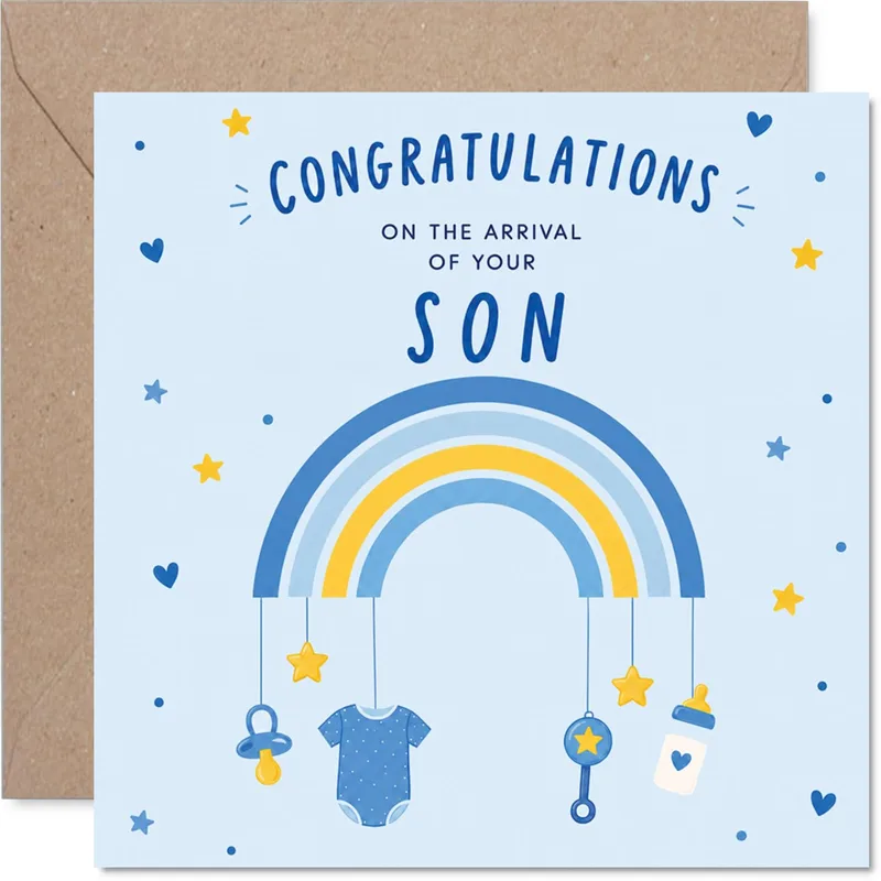 Blue Rainbow Mobile New Baby Card Celebrating a Son