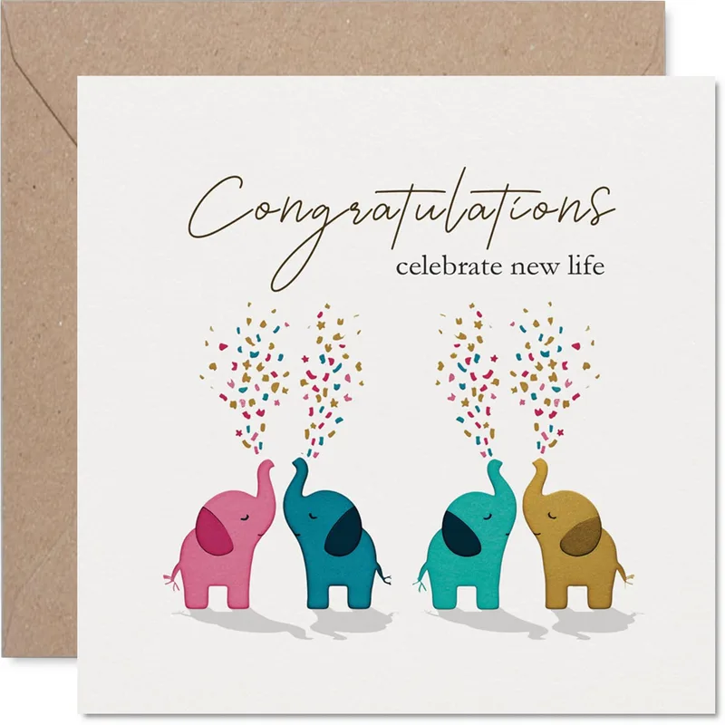 Elephants Confetti Trunks New Baby Card Celebrating Little One