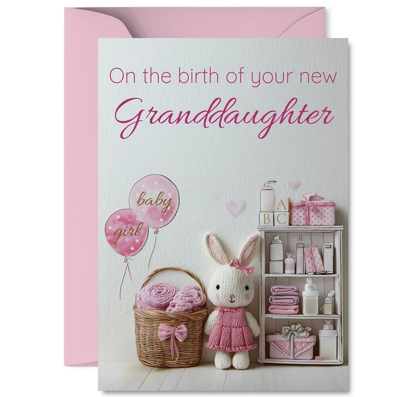 Basket Pink Balloons New Baby Card for a Granddaughter