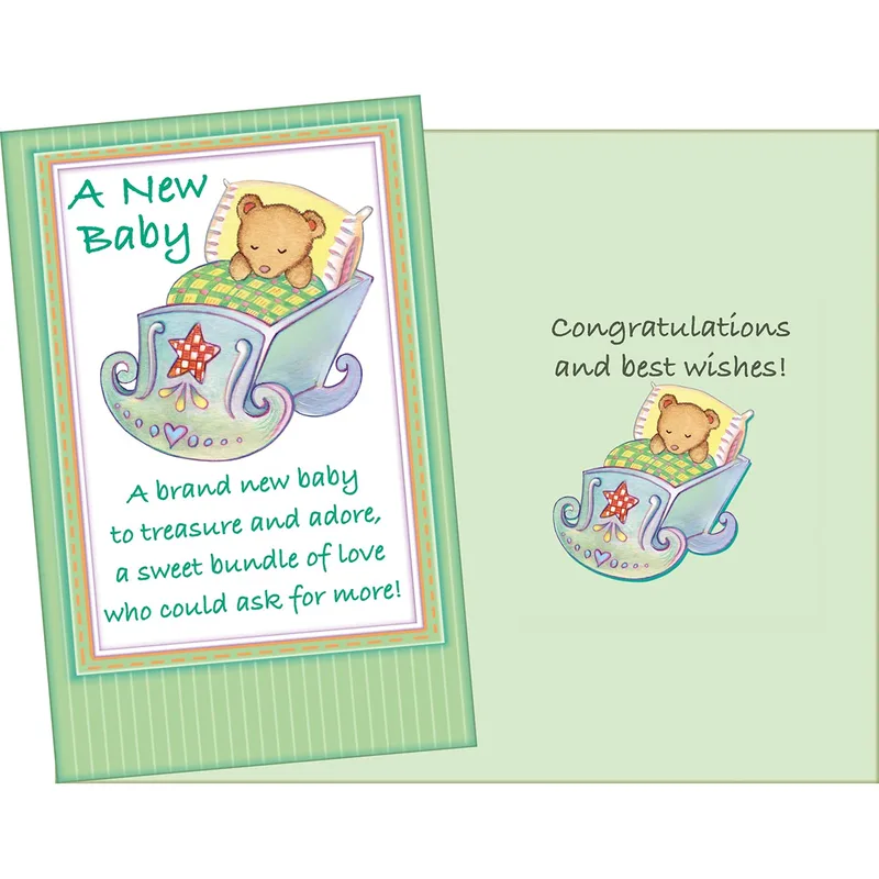 Pram Green Border New Baby Card Celebrating a Sweet New Arrival