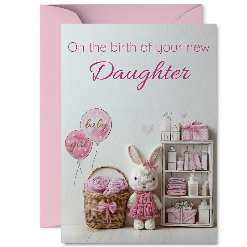 Bunny Basket Pink Balloons Card – Greeting Card in natural
