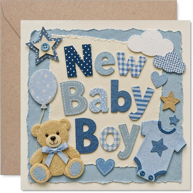 Fabric Letters Teddy New Baby Card – Denim text New Baby Boy with teddy bear and onesie applique – Greeting Card in natural