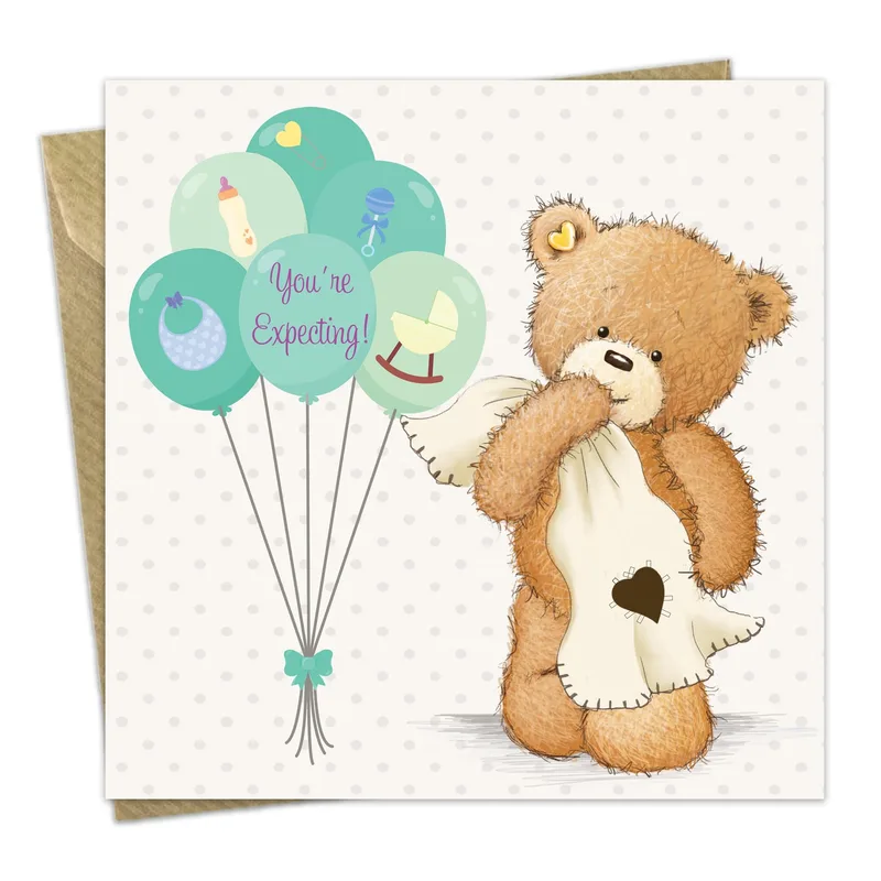 Teddy Bear Balloons Pregnancy Card for New Baby Celebrations
