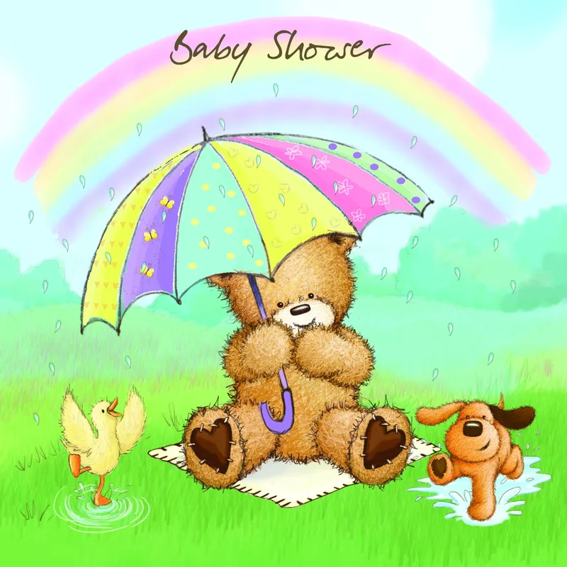 Bear Rainbow Umbrella Baby Shower Card for New Parents