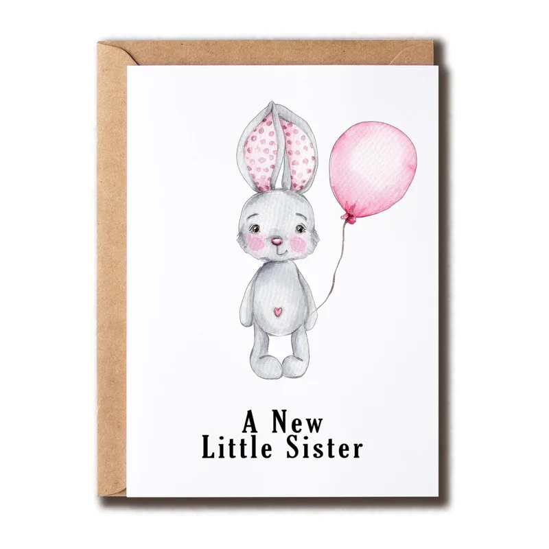 Bunny Pink Balloon New Baby Card Celebrates a New Little Sister