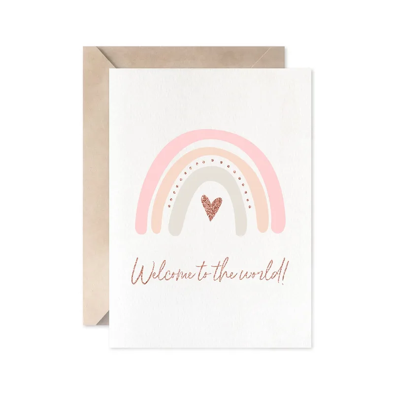 Boho Rainbow Blush New Baby Card: A Soft Welcome Design