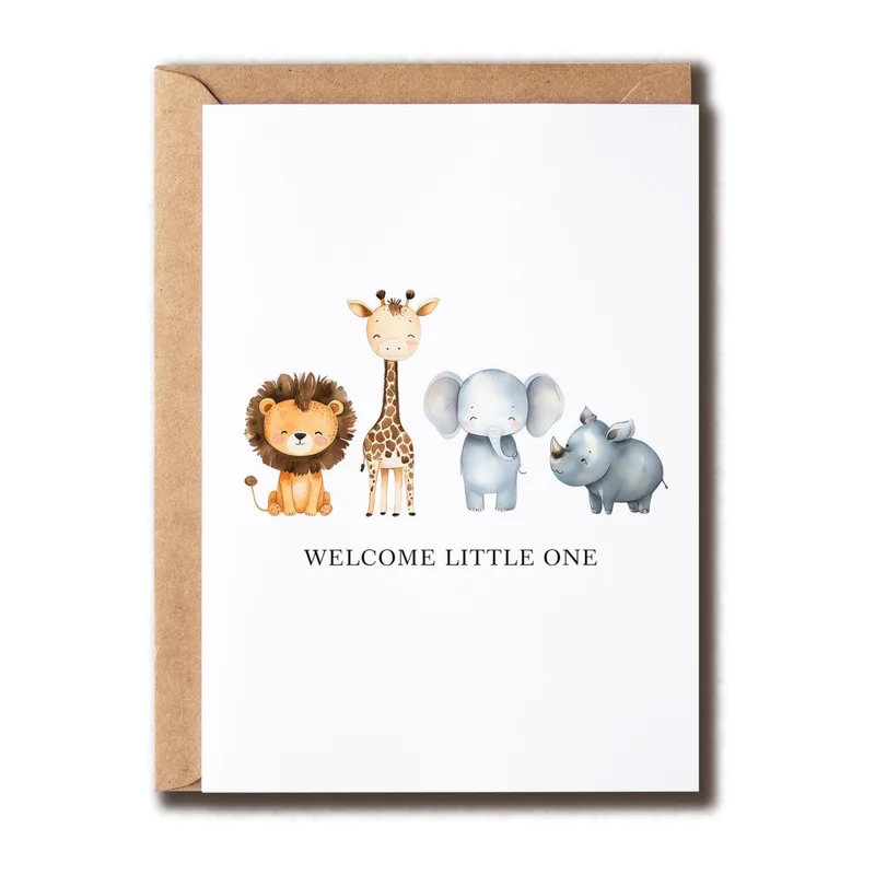 Safari Animals Row New Baby Card Welcomes the Wild Newcomer