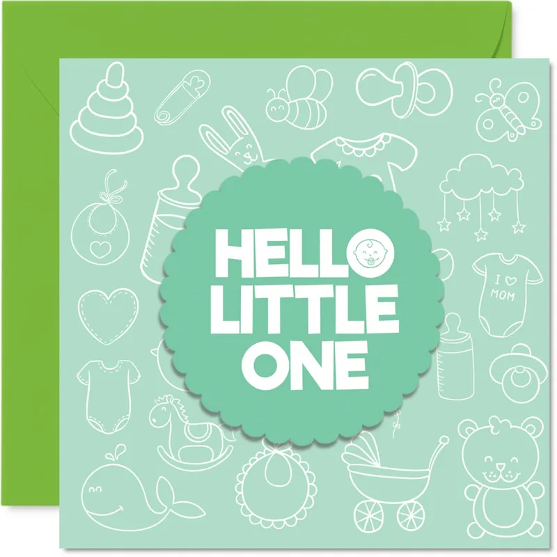 Doodle Baby Icons New Baby Card – Mint card with Hello Little One text and white baby item doodles – Greeting Card in natural