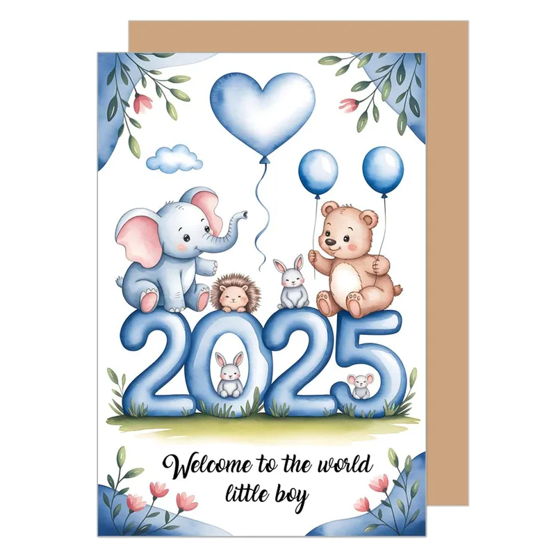 Animals 2025 Balloons New Baby Card – Greeting Card in natural
