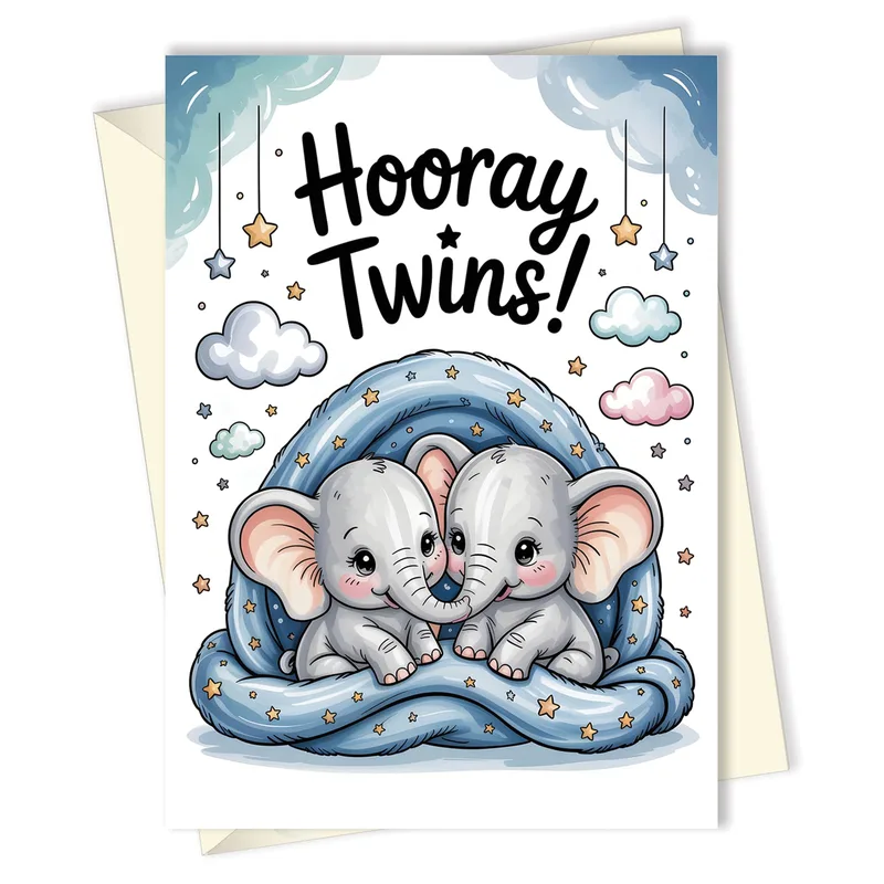 Twins Blue Blanket New Baby Card – Greeting Card in natural