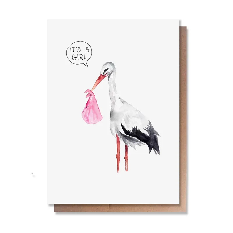 Stork Pink Bundle New Baby Card Celebrates a Girl with Watercolor Art