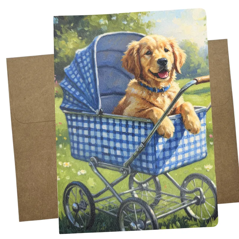 Retriever Blue Pram Baby Shower Card – Greeting Card in natural
