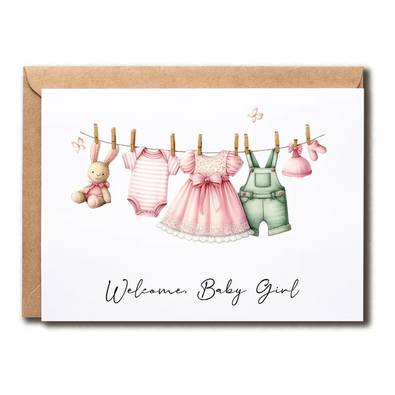 Pink Baby Clothes Clothesline Card Welcoming a Newborn Girl