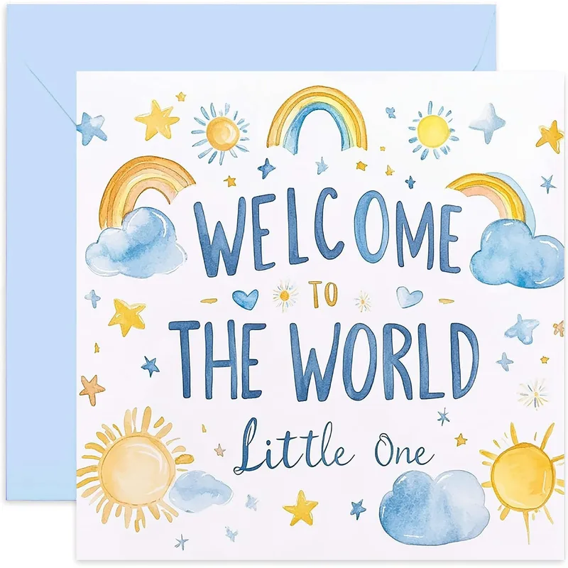 Sun Clouds Stars New Baby Card – Greeting Card in natural