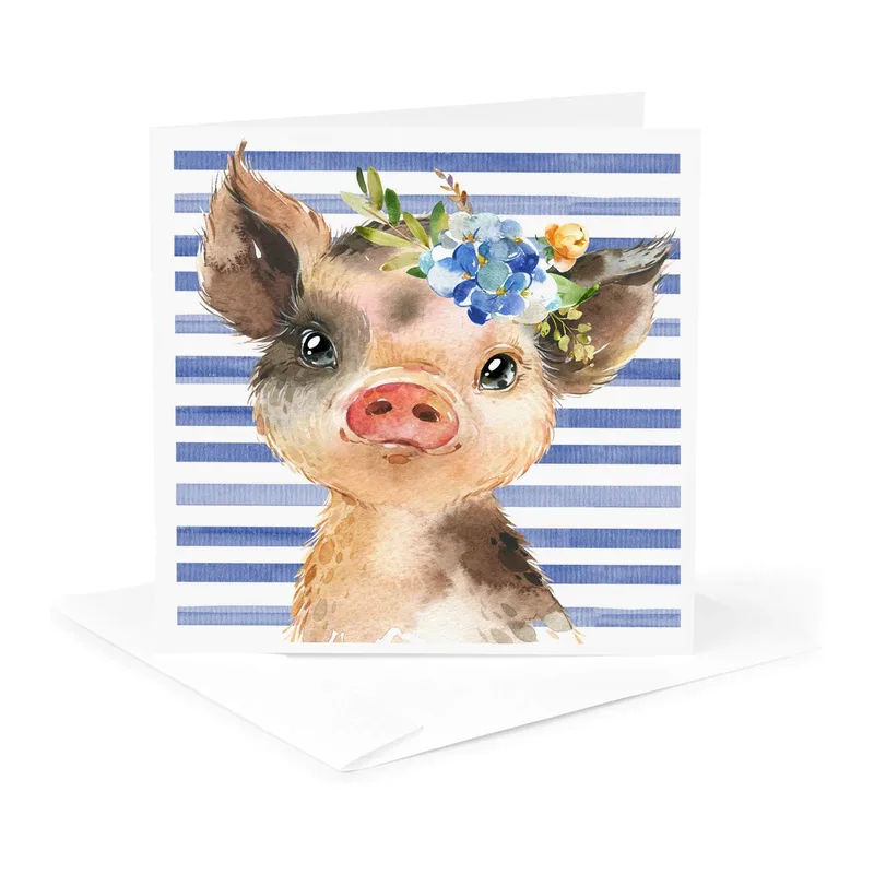 Pig Flower Crown Stripes Card: A Cute Watercolor Baby Greeting