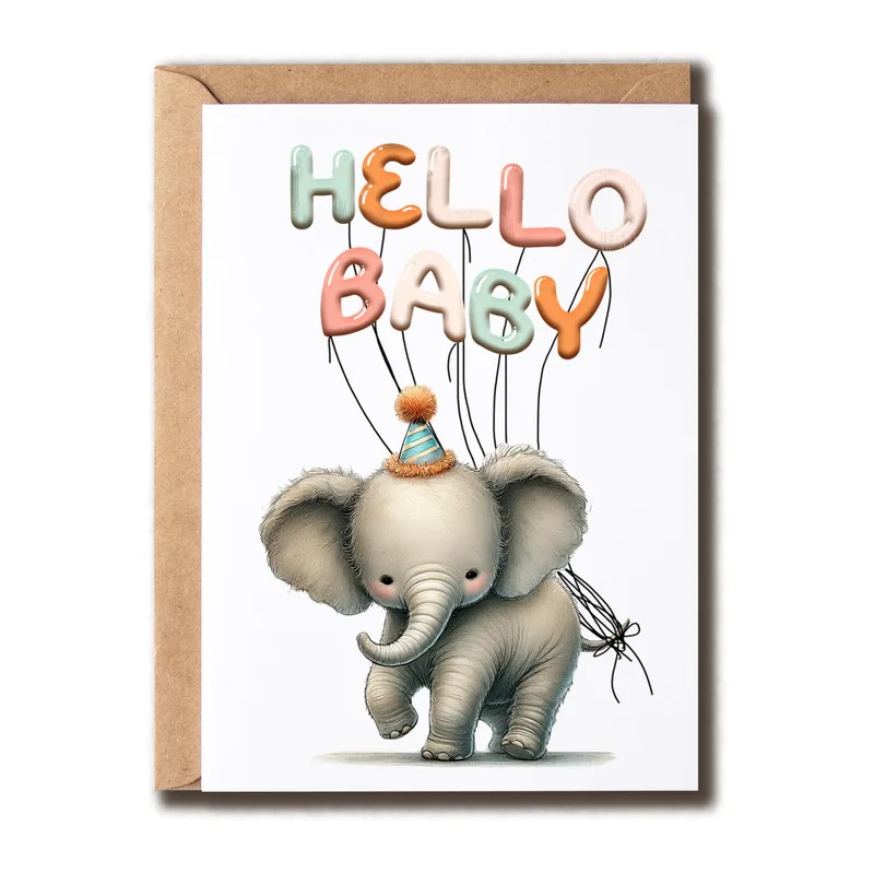 Elephant Balloon Letters New Baby Card Celebrates a New Arrival