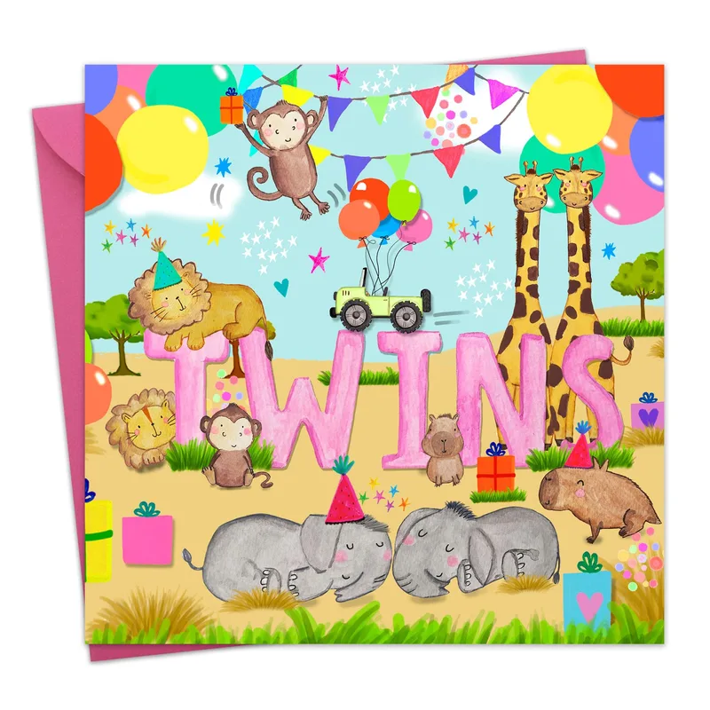 Colorful Animals Twins New Baby Card: A Jungle Party for Two