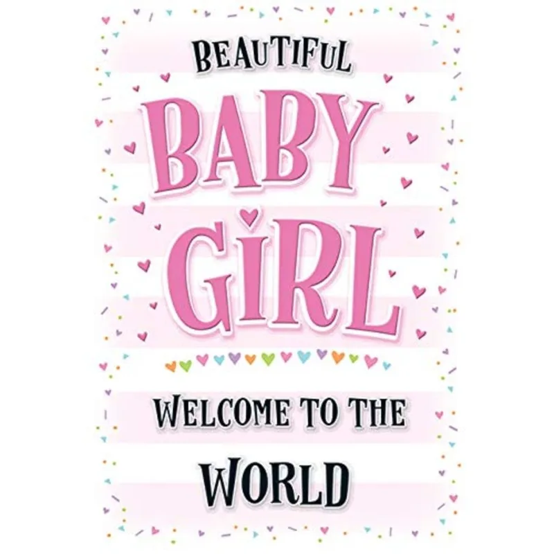 Pink Hearts Confetti Border Card Celebrating a New Baby Girl