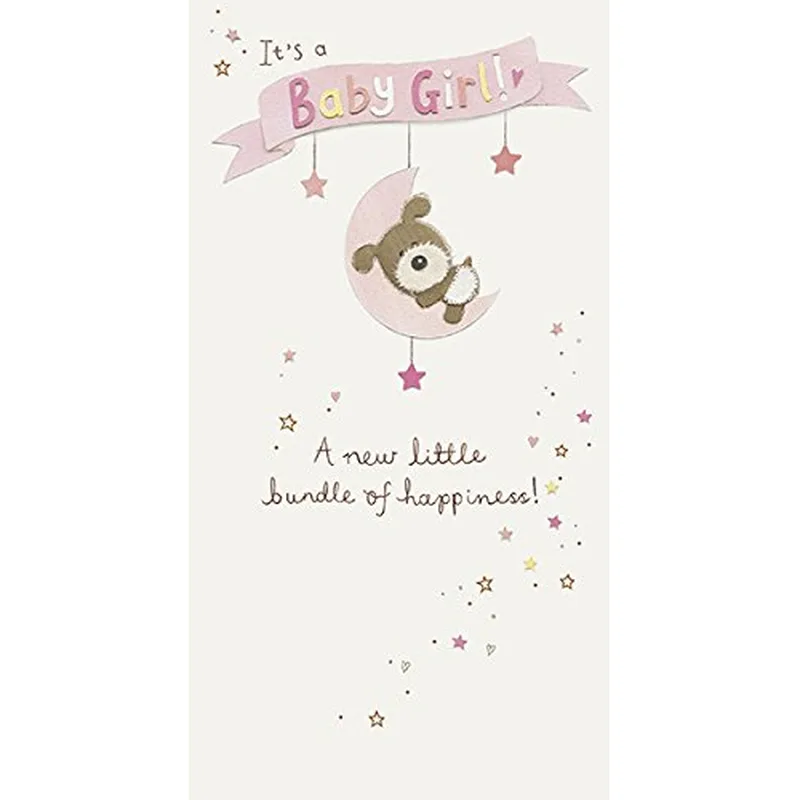 Hanging from Moon New Baby Card Celebrates a New Little Bundle