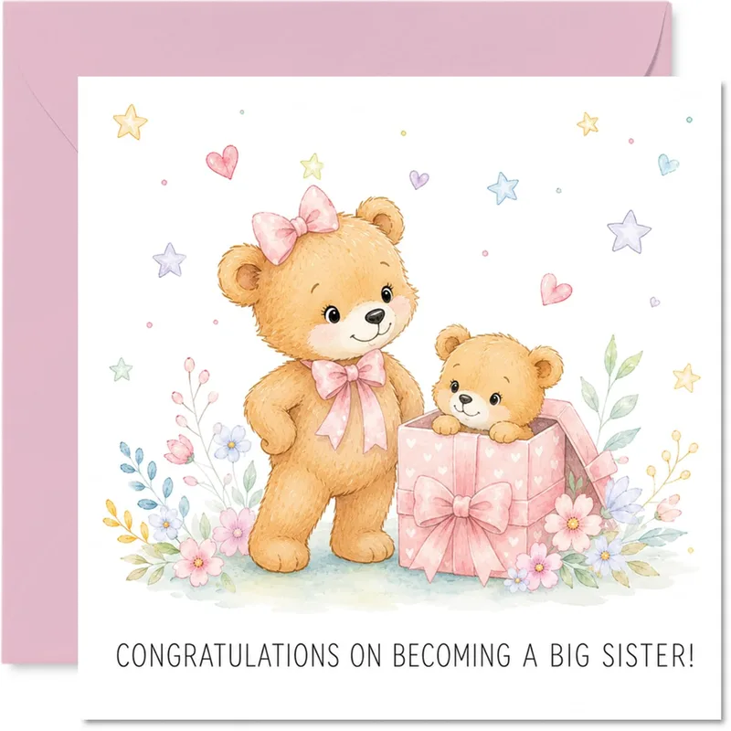 Pink Gift Box New Baby Card Celebrating Big Sisterhood