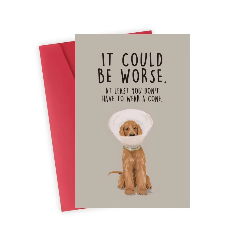 Cone Dog Card: a get well card with a sympathetic pup