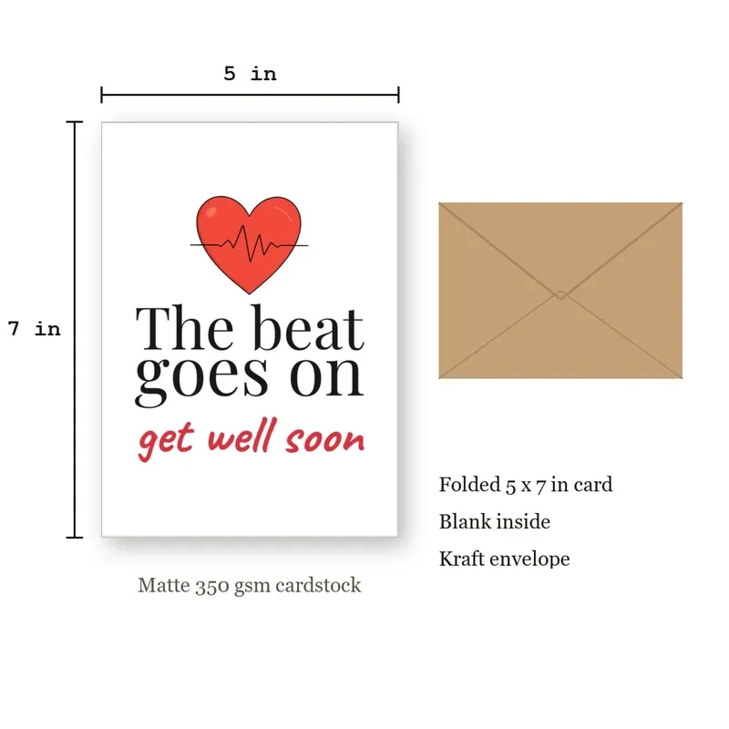 Funny Get Well Card: The Beat Goes On, Get Well Soon – with size dimensions in inches