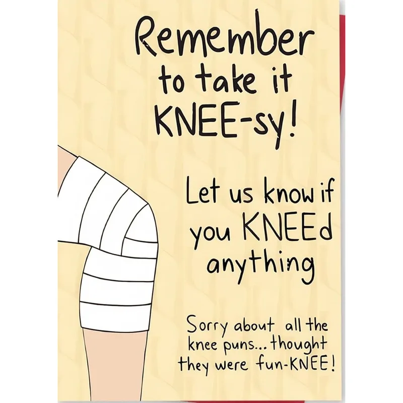 Knee Surgery Card with a Bandaged Knee and Puns