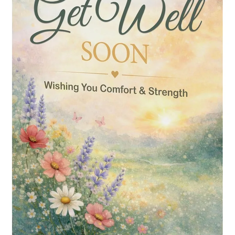 Get Well Wildflowers Card – Get Well Soon card with watercolor wildflowers and sunrise meadow – Greeting Card in black