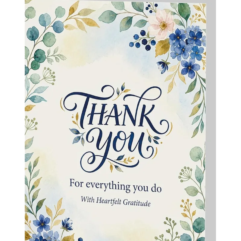 Heartfelt Gratitude Card: Thank You Florals in Blue and Gold