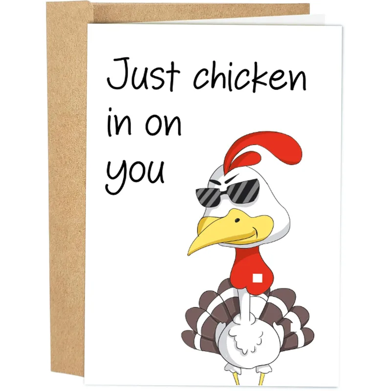 Chicken Sunglasses Card – Cartoon chicken in sunglasses with the words Just chicken in on you – Greeting Card in black