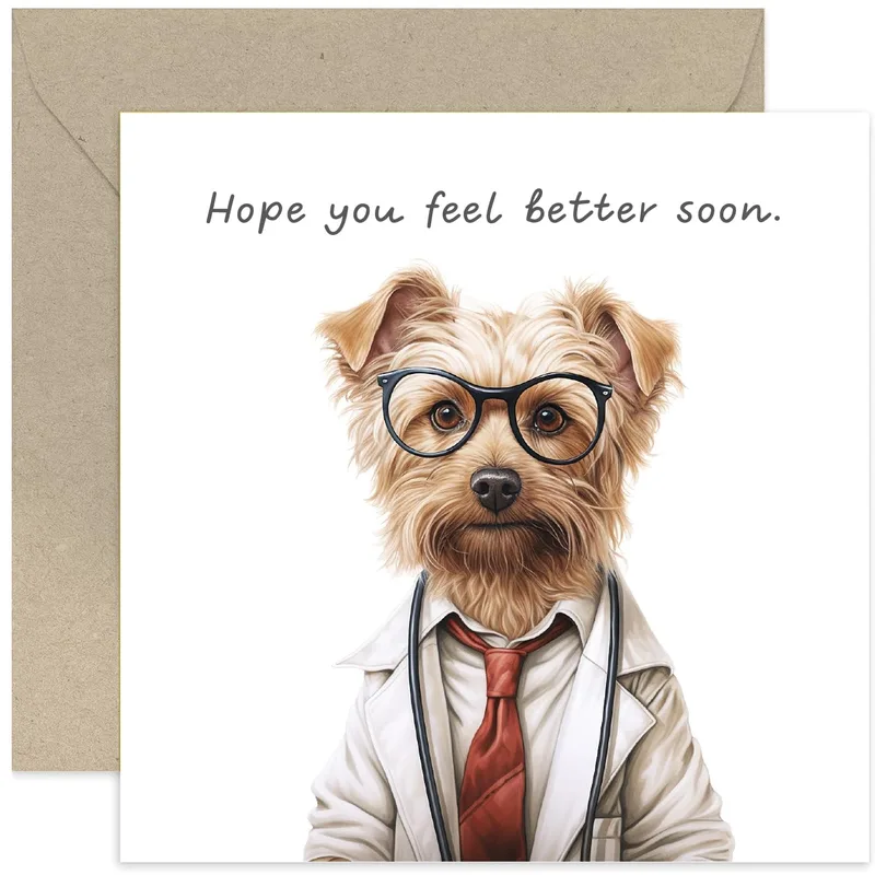 Dog Doctor Card: a terrier in glasses and a white coat